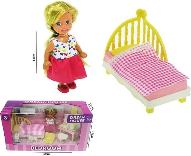 Puppe 11 cm mit Schlafzimmer-Set