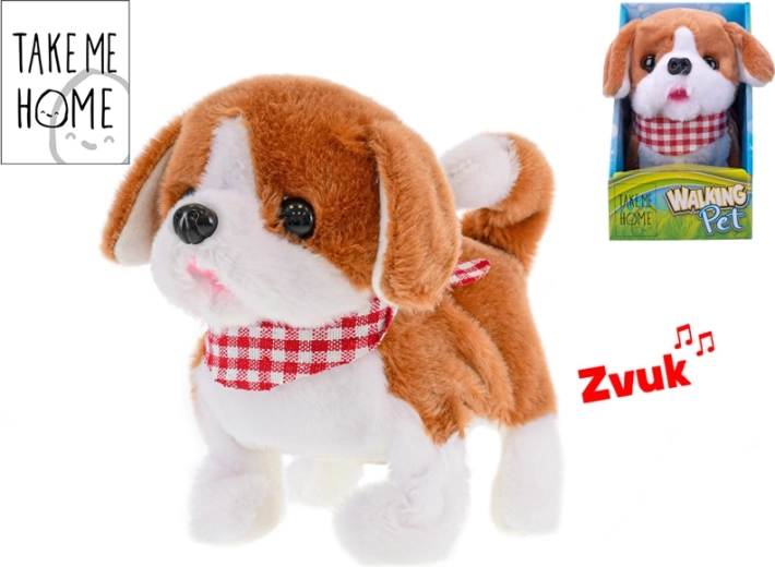 Plüschhund laufend und bellend 17 cm, weiß‑braun