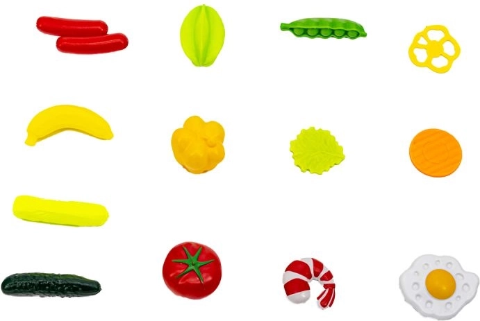 Umfangreiches Zubehör: Geschirr und Lebensmittel fürs Kochspiel