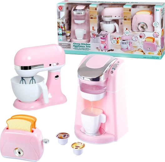 Playgo – drei stylische Küchengeräte in Rosa (Kaffeemaschine, Mixer, Toaster)