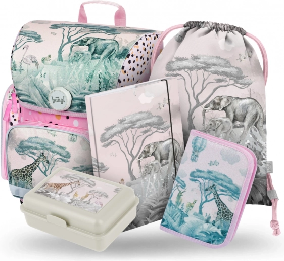 Schulset BAAGL Safari: Ergonomische Schultasche, Federmäppchen, Beutel, Mappen, Box