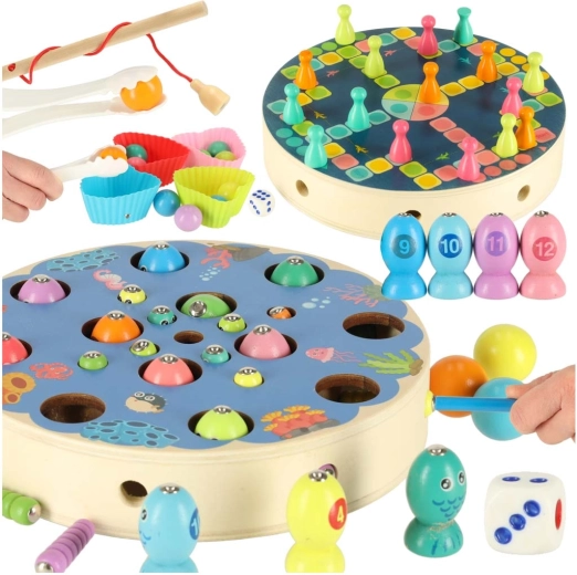 Holz-Montessori-Spiel Fische und Raupen – magnetisches Angeln und Farbsortieren