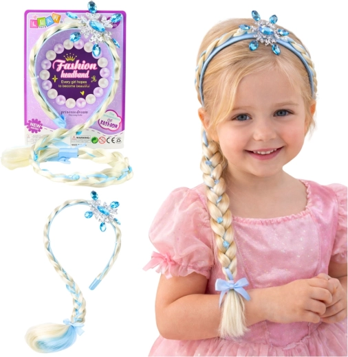Kinder-Haarreif mit langem Zopf und Schneeflocke, blaue Steinchen, 50 cm