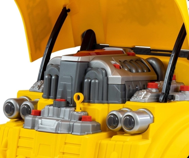 Zu öffnende Motorhaube und zerlegbarer Motor