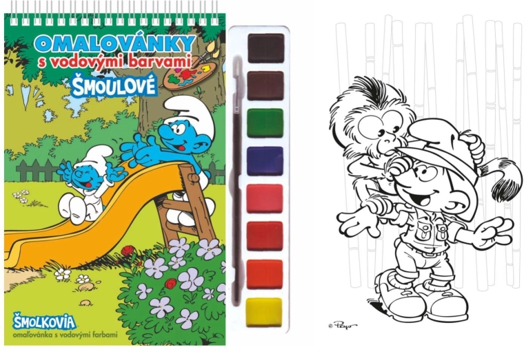 Ausmalbuch mit Aquarellfarben und Pinsel Die Schlümpfe
