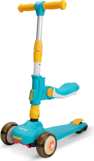 Kinderroller mit Sitz, blau‑gelb, leuchtende Räder