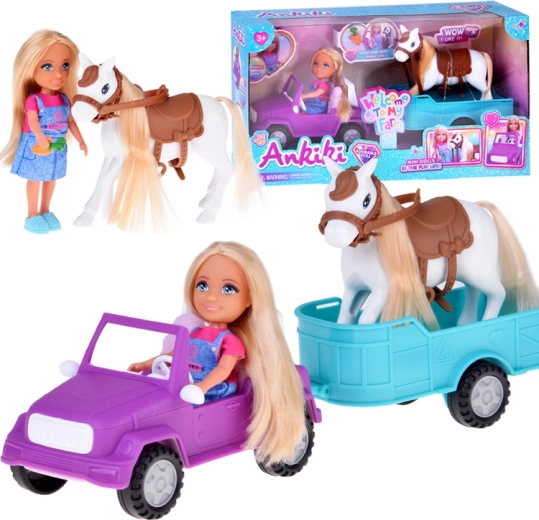 Ankiki Bauernhof-Set mit Bäuerin, Pferd, Auto und Anhänger