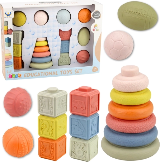 Sensorik-Set für Babys – weiche Bälle, Zahlenwürfel und Stapelringe, 18 Stück