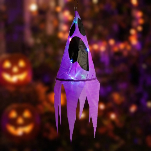 Halloween-Hängedekoration in Form eines lila Geistes mit 10 farbigen LEDs