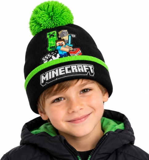 Minecraft Kinder-Wintermütze mit Creeper-Motiv und Bommel