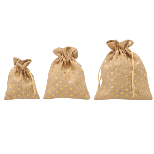 Set aus Jutesäckchen mit goldenen Punkten 30 × 25 / 25 × 20 / 20 × 15 cm
