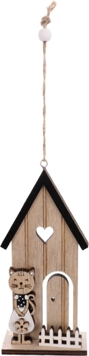 Hängedekoration aus Holz – Häuschen mit Katze, Beige