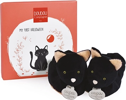 DOUDOU Geschenkset – erste Babyschühchen mit schwarzem Katzenmotiv 0–6 Monate