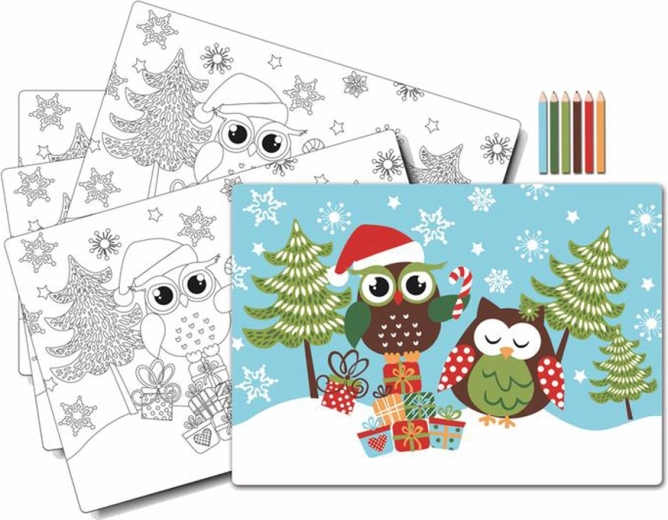 Kinder-Tischset Ausmalbilder Eule Weihnachten mit Buntstiften, 5 Stk.