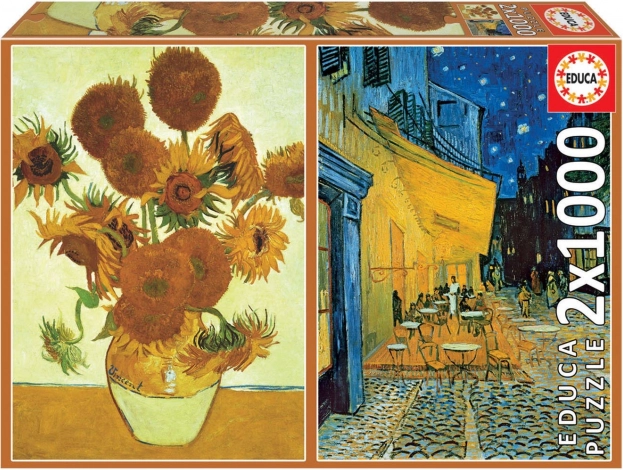 Puzzle Sonnenblumen und Caféterrasse bei Nacht 2x1000 Teile