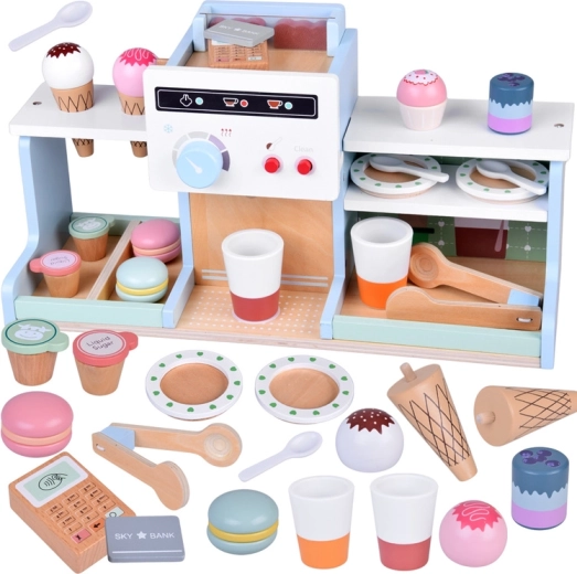 Holz-Café und Eisdiele – Spielzeug mit Kaffeemaschine und Desserts