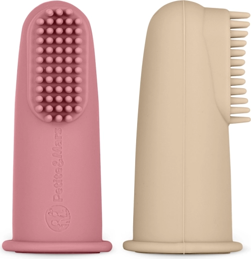 Set aus Silikon-Fingerzahnbürsten für Babys PETITE&MARS, rosa und sandfarben, 2 Stk.