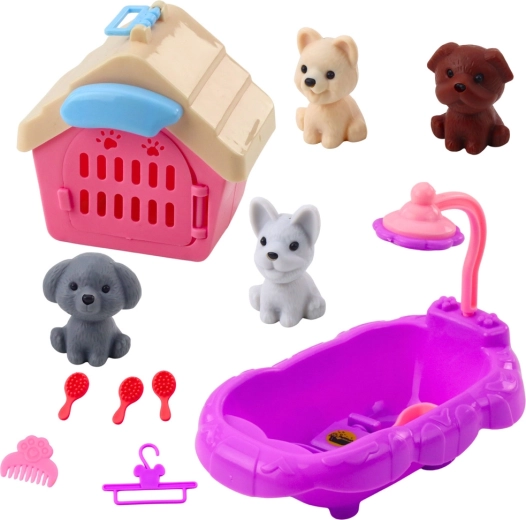 Pflegeset für Hunde mit Badewanne, Hütte und Zubehör, 4 Figuren