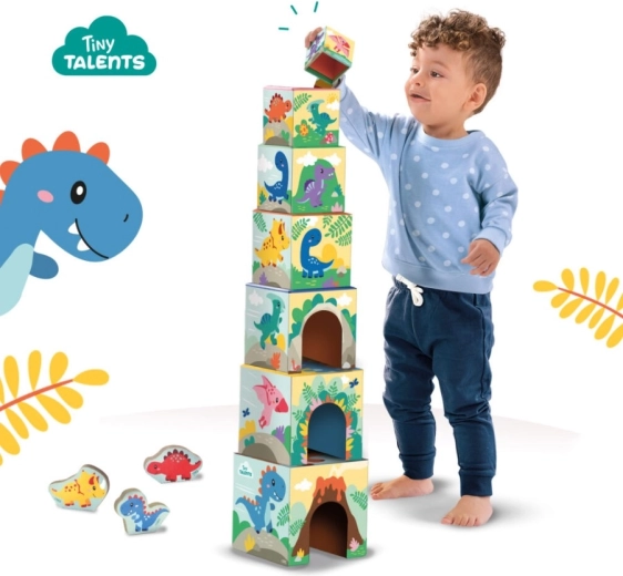 Turm aus 7 Würfeln mit fröhlichen Dino-Illustrationen