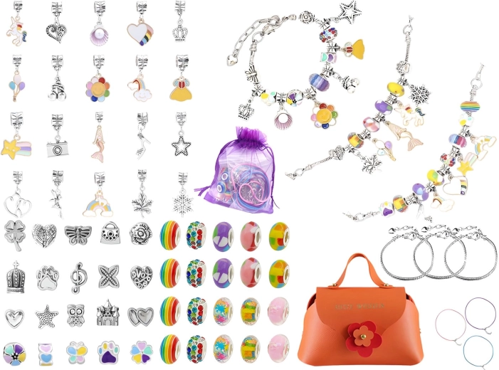 Buntes Set zum Basteln von Schmuck und Armbändern mit Anhängern (66 Teile) mit Kosmetiktasche