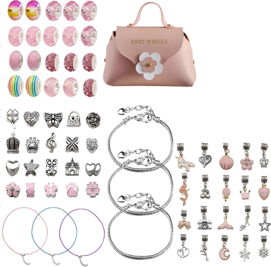Set zum Herstellen von Schmuck und Armbändern mit Anhängern in Rosatönen + Kosmetiktasche (66 Teile)