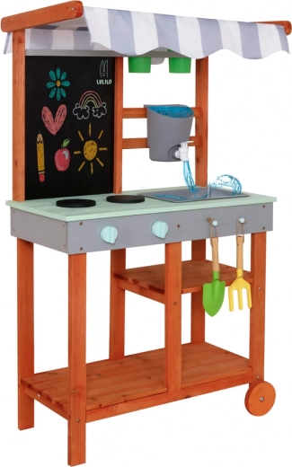 Holzküche für den Garten auf Rädern mit Zubehör und Wasserhahn Lulilo Sableto