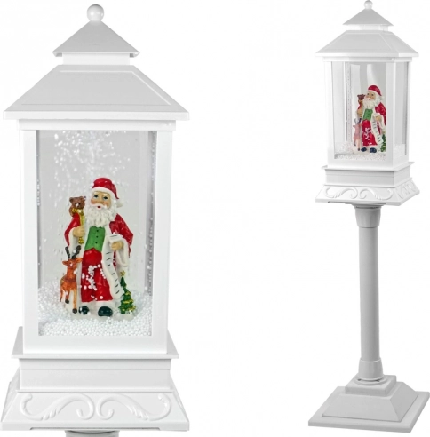 Weihnachtliche Dekolampe – weiße Laterne mit SANTA, Licht und fallendem Schnee