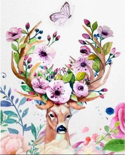 Malen nach Zahlen auf Leinwand im Rahmen 40 × 50 cm – Hirsch mit blumenverziertem Geweih