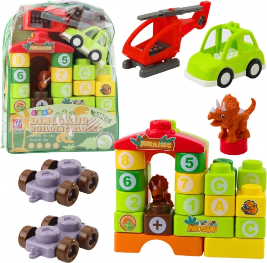 Lernbausatz Dinosaurier mit Buchstaben und Zahlen im Rucksack – 49 Teile