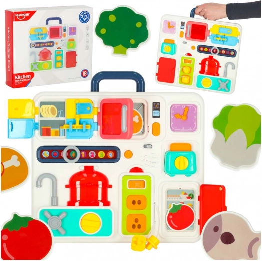 Montessori Manipulationsbrett mit Küchenelementen und lernender Uhr