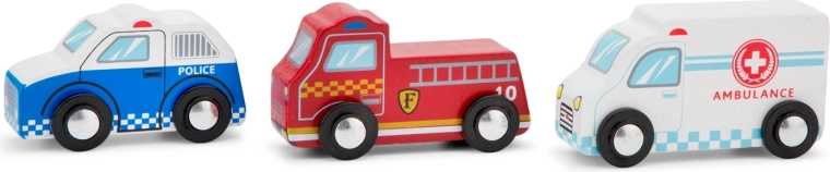 Set aus hölzernen Einsatzfahrzeugen für Kinder