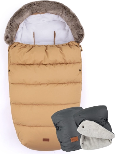 PETITE&MARS Fußsack 4in1 Comfy elegant caramel + Handmuff Jasie charcoal grey