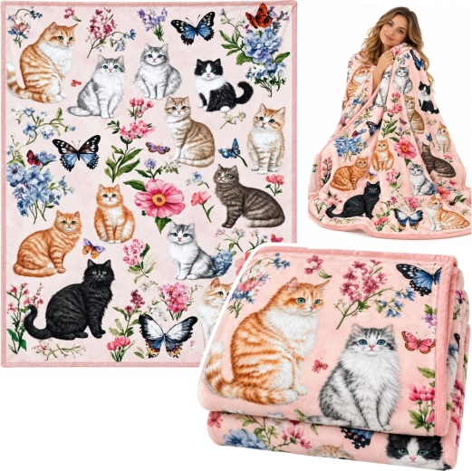 Weiche dekorative Decke mit Katzen, Blumen und Schmetterlingen, 150 × 100 cm