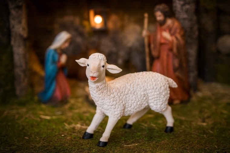 Dekorative Schafsfigur aus Polyresin 29 cm für Krippe und Weihnachtsdekoration