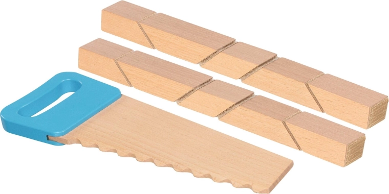 Holz-Bauteile mit Klettverschluss und Säge