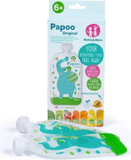 Petite&Mars wiederverwendbare Quetschbeutel für Lebensmittel Papoo Elefant 150 ml (6 Stk.)