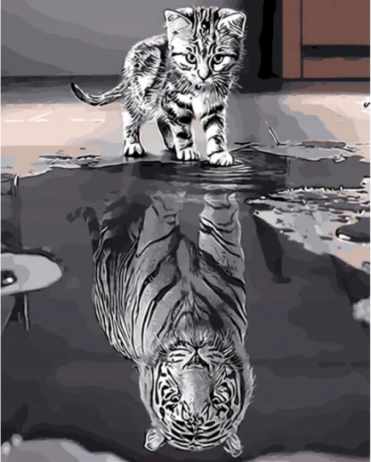 Diamantmalerei (Diamond Painting) Spiegelreflexion – Kätzchen und Tiger - 1 Stück