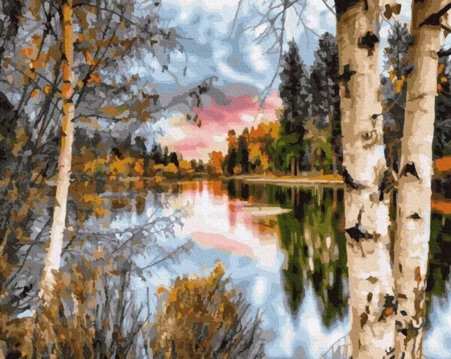 Diamantmalerei Birken am Seeufer 30 × 40 cm