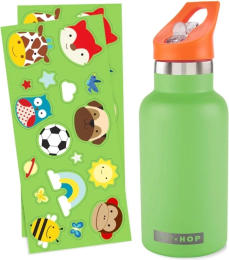 Skip Hop Edelstahlflasche mit Strohhalm und Aufklebern grün 380 ml