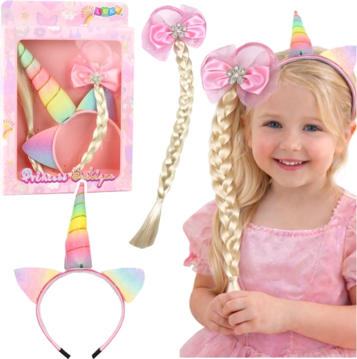 Set Haarreif und Haargummi mit Zopf Einhorn, pastellfarbene Schleife
