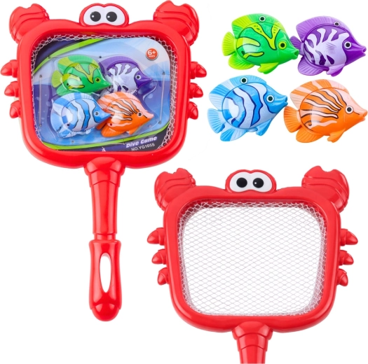 Angelset für Fische mit Krabbennetz und 4 bunten Fischen für Wasser