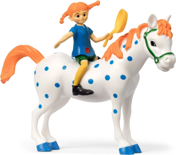 Pippi-Langstrumpf-Figur mit Pferd Alfonso und Pfanne