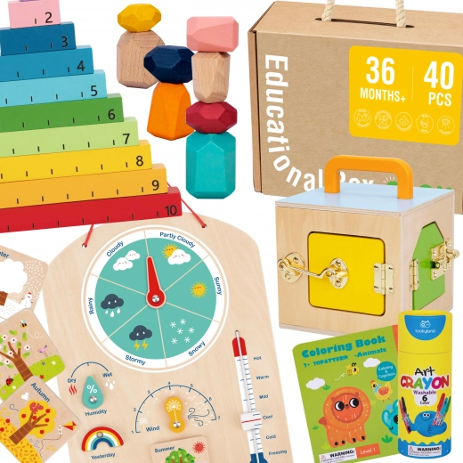 Tooky Toy Montessori Lernbox 6-in-1: Schlosskasten, Balanciersteine, Wettertafel, Zählen 1–10, Ausmalbilder und Büchlein