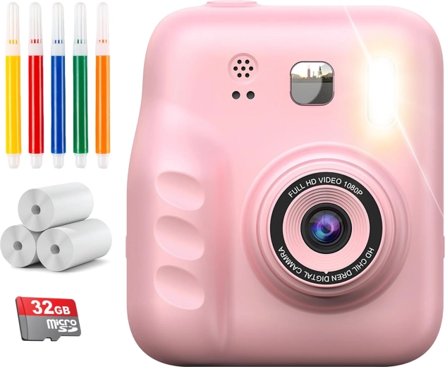 Renew Force Kinder-Digitalkamera mit Sofortdrucker (12 MP, SD 32 GB) – rosa