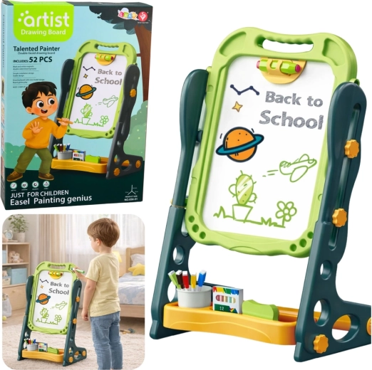 Beidseitige magnetische Tafel für Kinder grün, Kreide- und trocken abwischbar, Set 52 Stück