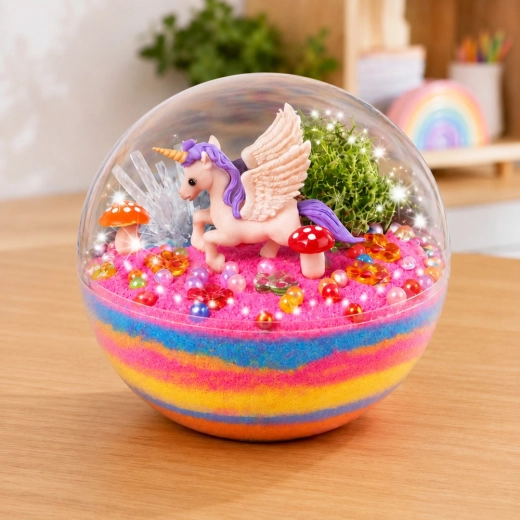 Fertige Dekoration mit Einhorn unter transparenter Abdeckung