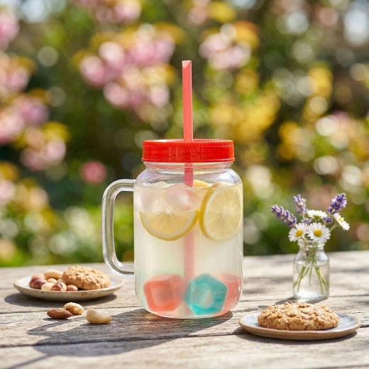 Becher mit Strohhalm und Kühlwürfeln, rot, 550 ml