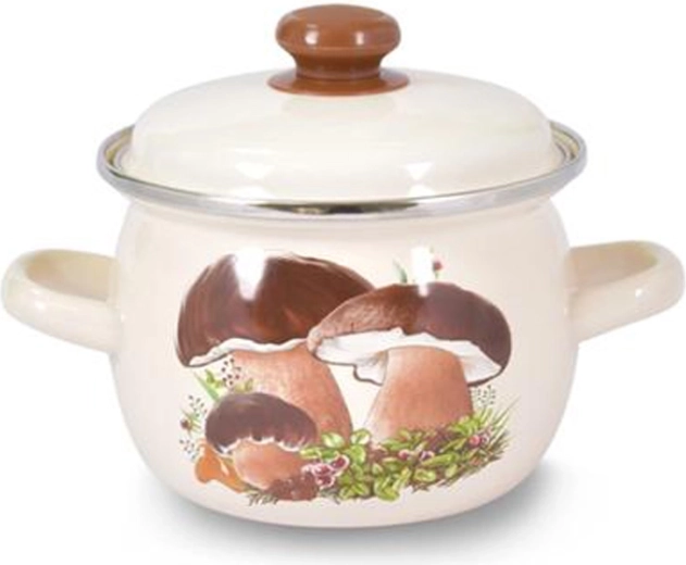 Emaillierter bauchiger Topf mit Deckel Pilze 1,5 l
