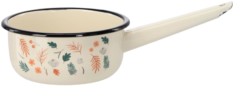 Emaillierter Stieltopf mit Griff 1,5 l, 16 cm, cremefarben Blätter