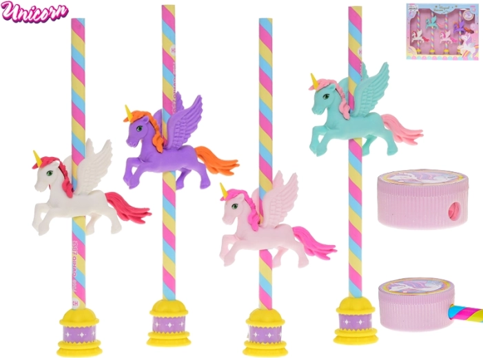 Bleistift-Set Einhorn mit Radiergummi und Anspitzer, 4 Stk.